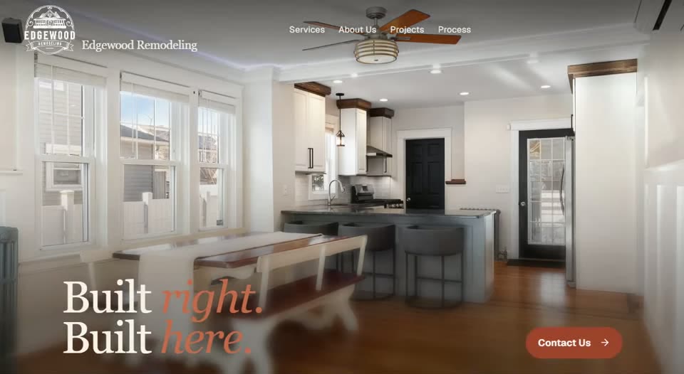 Edgewood Remodeling website home page with a large photo of a finished kitchen